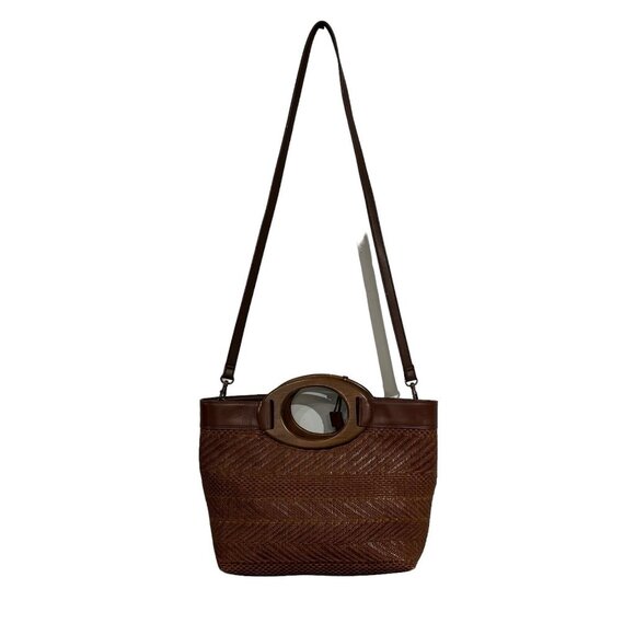 Vintage Fossil Shoulder Bag Wood Handle Rattan Brown Woven Wicker Dbl Handle - Picture 3 of 13